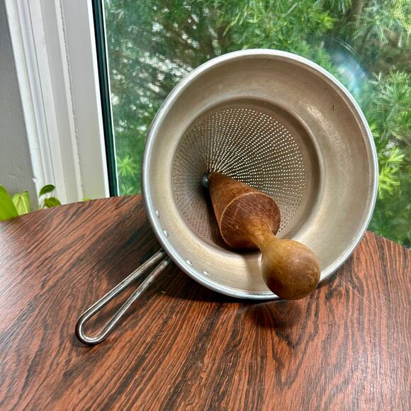Vintage Aluminum Cone Strainer with Wooden Pestle | Farmhouse Kitchen Décor - Picture 5 of 13